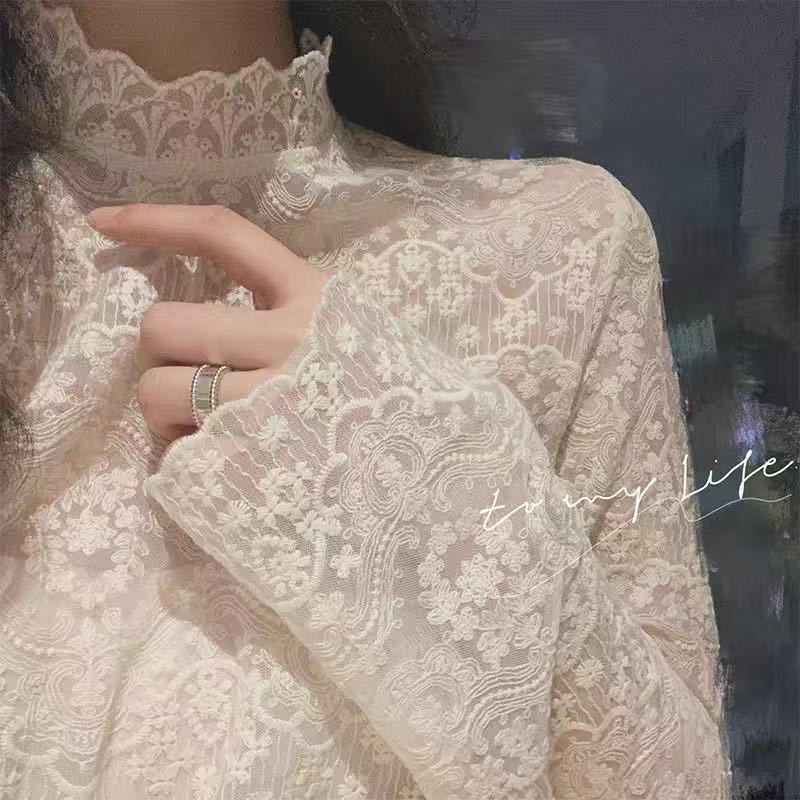 Chemise intérieure en dentelle pour femmes, polyvalent, manches longues, demi-col roulé, haut en maille_voghion.com