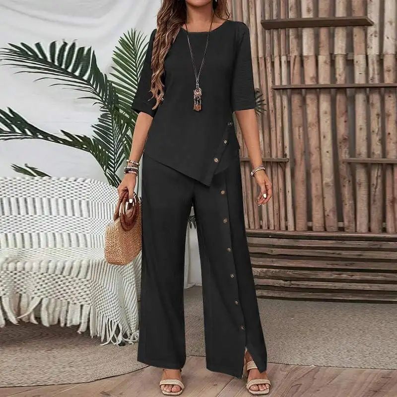 Completo da donna, pantaloni, elegante, casual, con bottoni, mezza manica, camicia, ampio, due pezzi._voghion.com