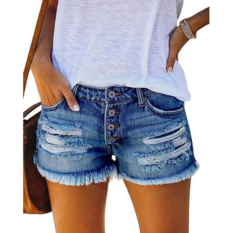 Pantalones cortos vaqueros rotos para mujer, de tiro medio, con dobladillo sin rematar, informales, de verano_voghion.com