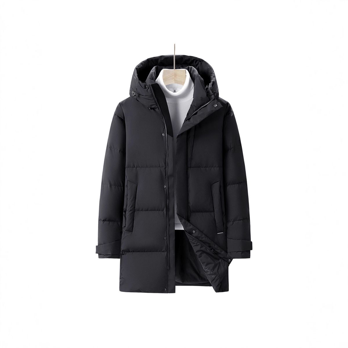 Piumino lungo oversize con cappuccio da uomo - Cappotto invernale leggero e caldo, impermeabile e lavabile in lavatrice, piumino d'anatra bianco con potere riempitivo 550_voghion.com