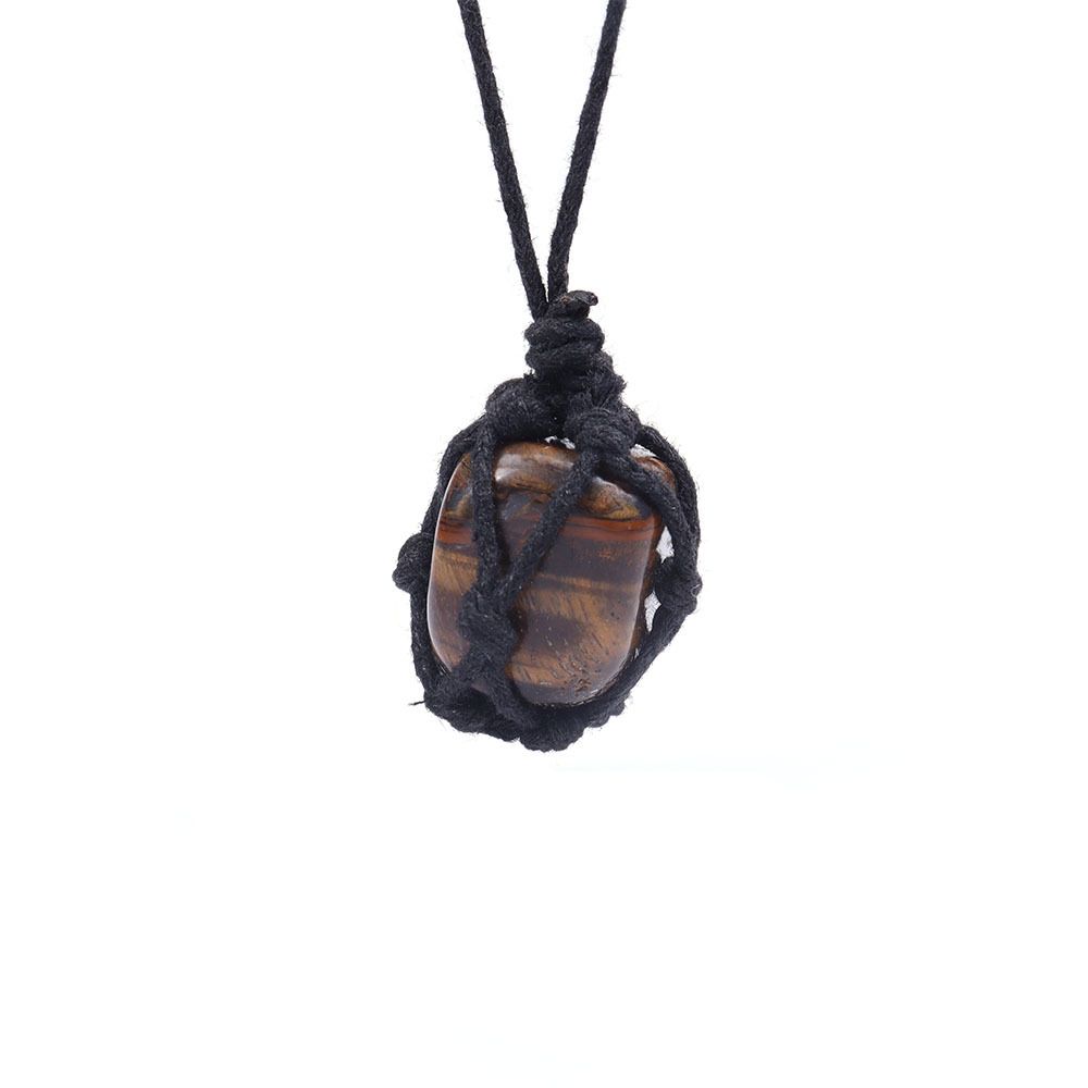 Collana fatta a mano con sacchetto di rete di cristallo - Ciondolo in pietra naturale da 2 pollici con corda regolabile da 18 a 22 pollici, gioiello curativo retrò boho per energia positiva_voghion.com