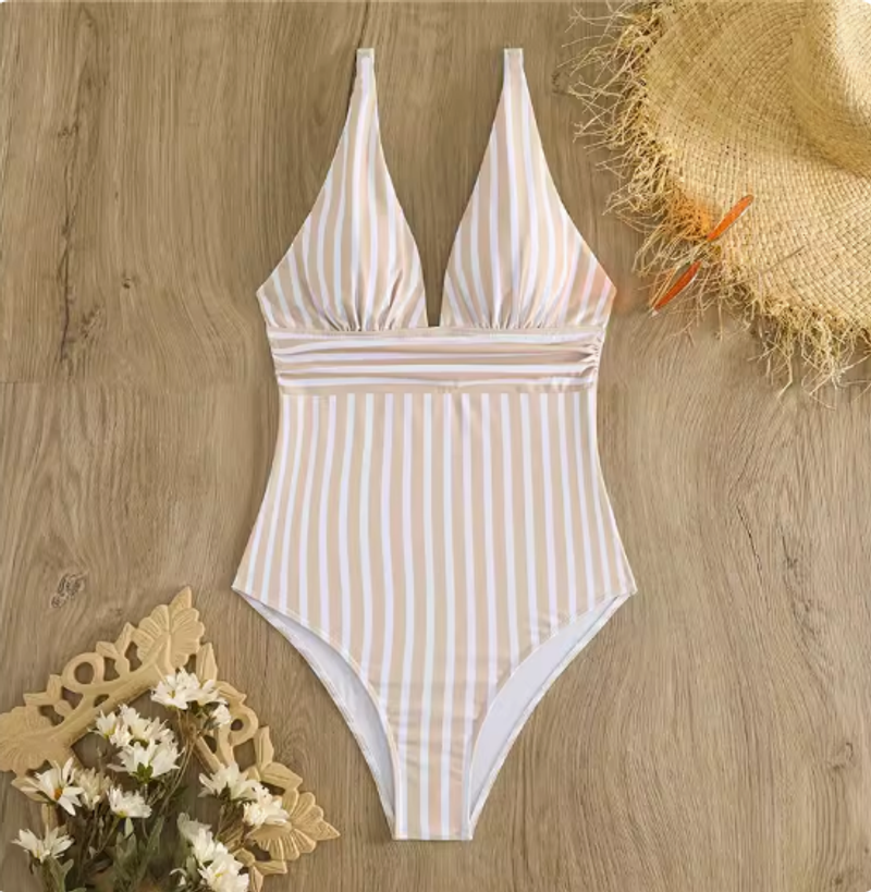 Maillot de bain une pièce rayé pour femme, triangle, sexy, dos nu, slim, avec coussinet de poitrine_voghion.com