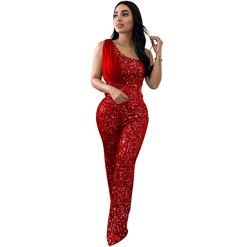 Dametøj ensfarvet ærmeløs en-skulder pailletbukser Jumpsuit_voghion.com
