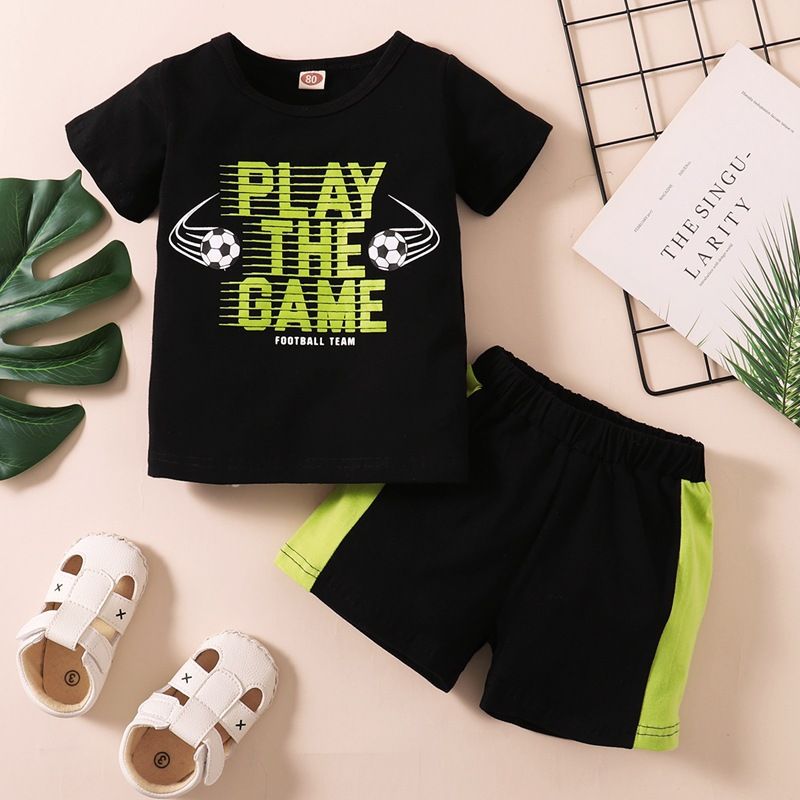 Mother & Kids Boys spring and summer style, 2024 new European and American PLAY THE GAME printed short-sleeved T-shirt shorts two-piece set_voghion.com