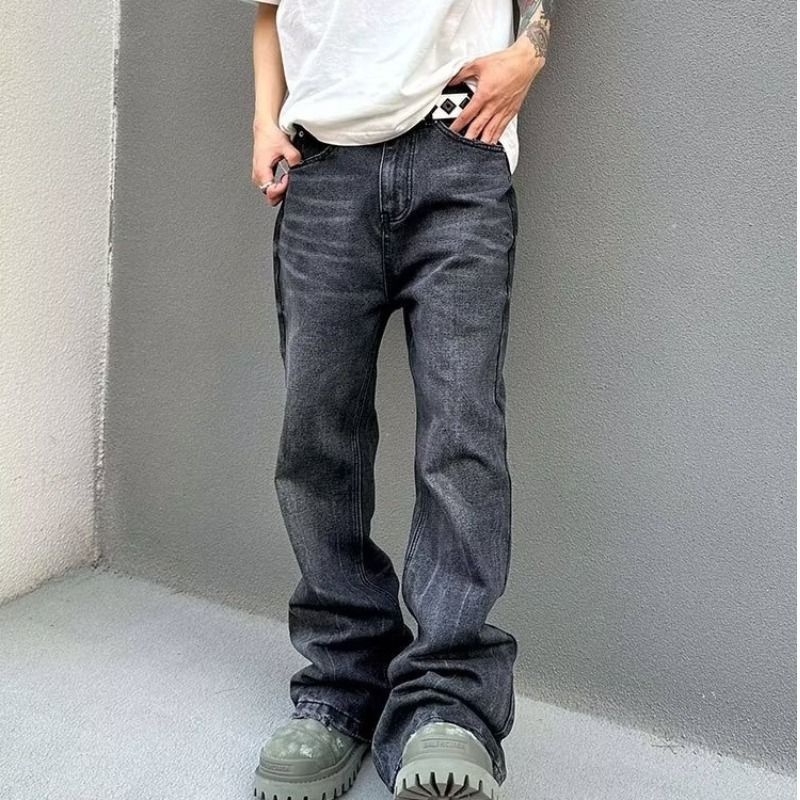 Men's Clothing Washed gray destroyed vintage jeans straight loose black flared trousers men's one piece drop shipping_voghion.com