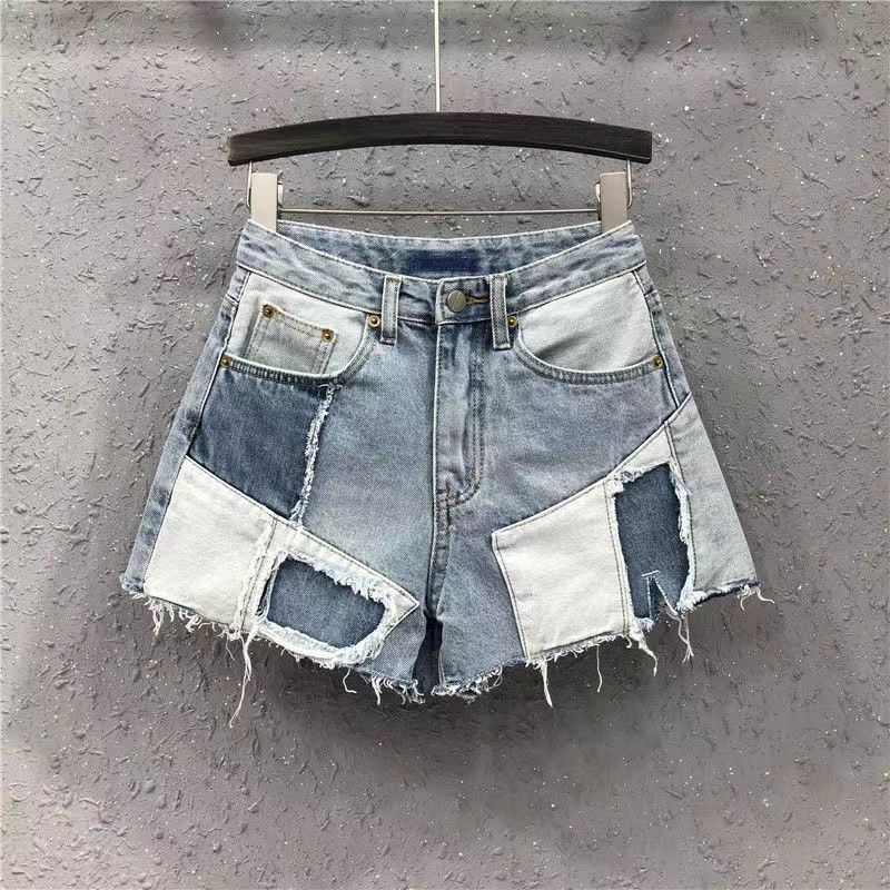 Dames gepersonaliseerde stiksels contrasterende kleur denim shorts dames 2024 zomer nieuwe bedelaarsbroek losse veelzijdige hotpants met wijde pijpen trend_voghion.com