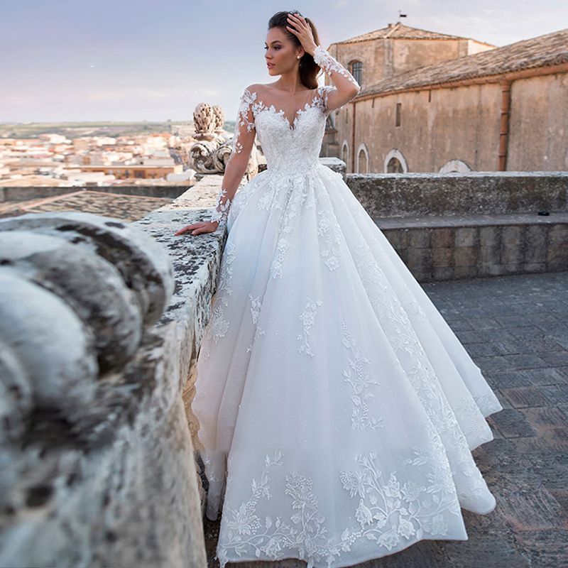 Hochzeitskleid für Bräute, neues Retro-Sexy-Tüll, V-Ausschnitt, lange Ärmel_voghion.com