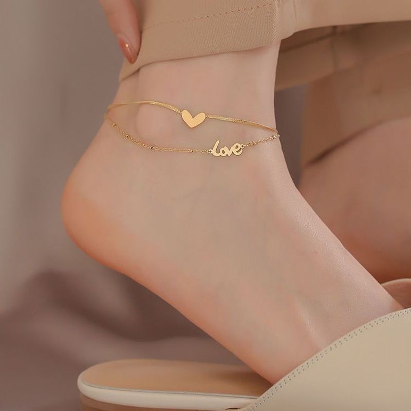Luxus Marke Schmuck Doppel Schicht Herz Liebe Brief Fußkettchen Schlange Kette Frauen Gold Farbe Edelstahl Damen Schmuck Nicht Verblassen_voghion.com