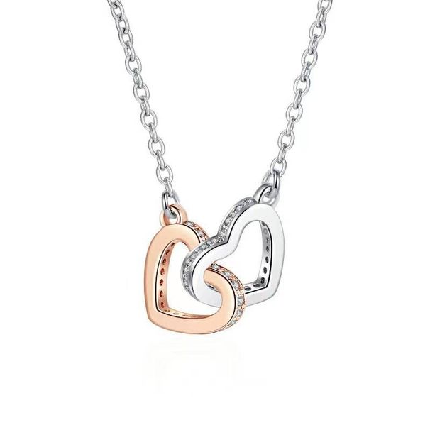 Interlocking Heart Necklace - Sterling Silver Plated, Dainty Couple Jewelry Gift For Her_voghion.com
