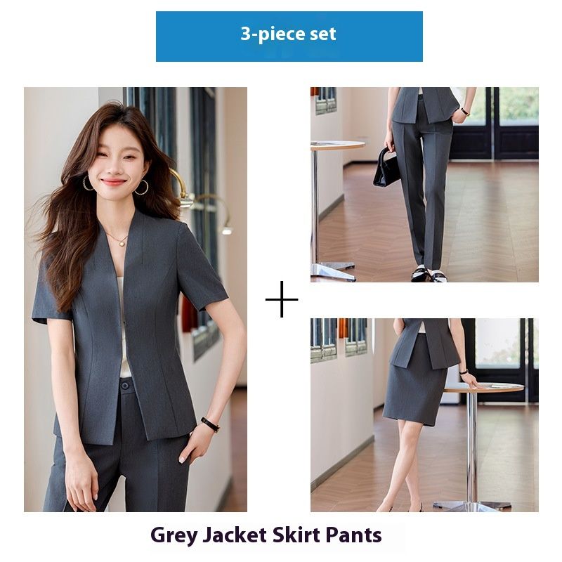 Navy Blue Short Sleeved Professional Suit Women's Summer New Style Hotel Reception Workwear Beauty Salon_voghion.com