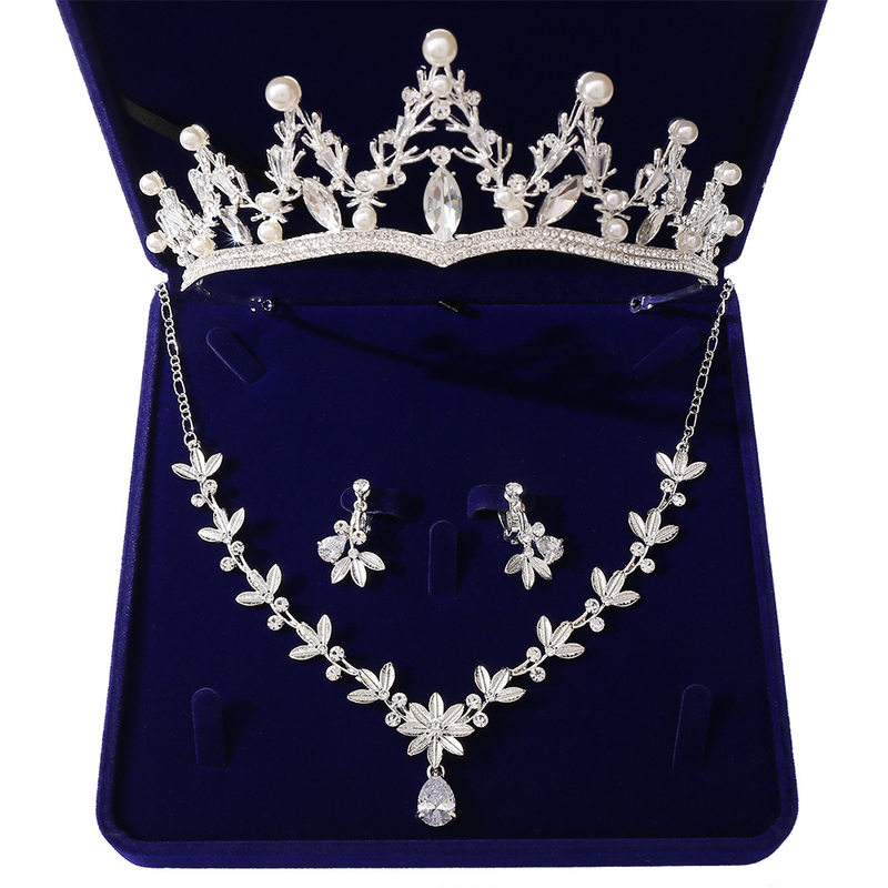X037 Accessori per abiti da sposa Corona coreana Collana con zirconi Orecchini Set di gioielli da sposa in tre pezzi_voghion.com