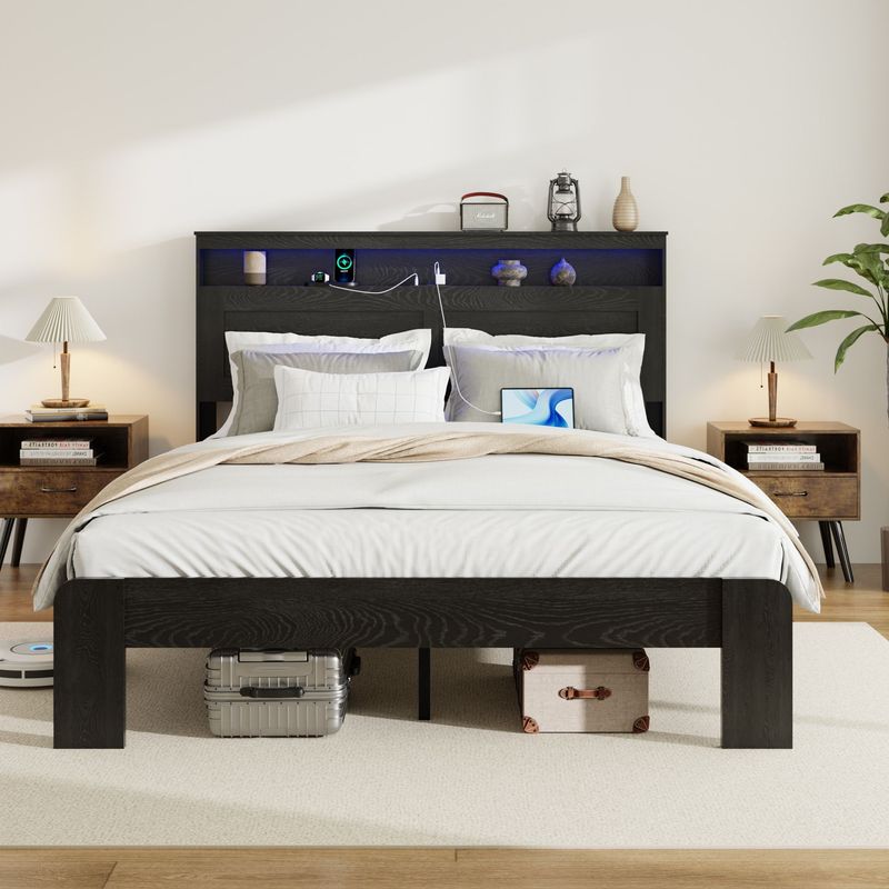 Bed Frame Queen Size, Wood Platform Bed Frame With Storage LED Light Headboard And 2 USB , Noise Free,No Box Spring Needed And Easy Assembly Tool,Large Under Bed Storage,Dark Black_voghion.com