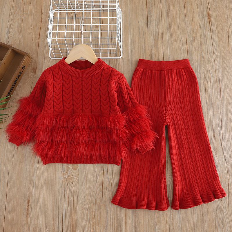 Set aus Strickpullover und Schlaghose für Mädchen – 80 % Polyester, 3–8 Jahre (100–140 cm), Winter-/Frühlings-/Herbst-Outfit (Beige/Rot/Pink/Khaki)_voghion.com