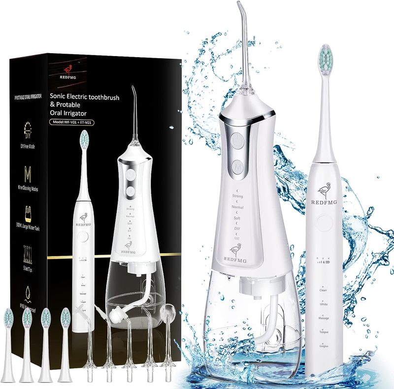 Elektrische Zahnbürste 4 Bürstenköpfe 5 Wasserstrahlspitzen Schallzahnbürste Zahnseide-Zahnbürste Elektrische Zahnbürste mit Wasser-Flosser_voghion.com