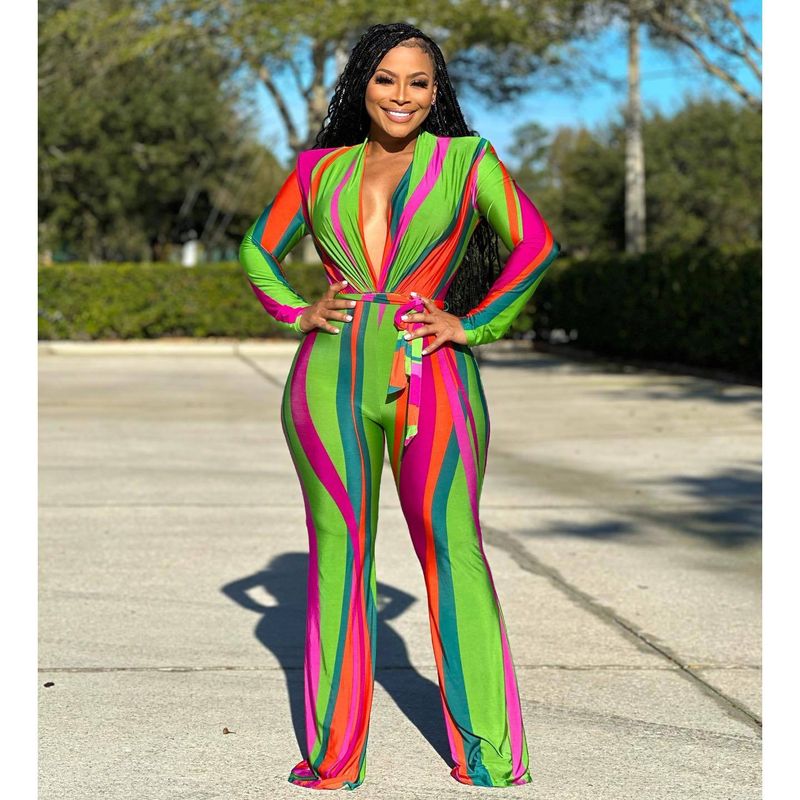 Women's Clothing Spring and Summer Women's Jumpsuit Trend Colorful Print V neck Slim Long Sleeve Jumpsuit_voghion.com