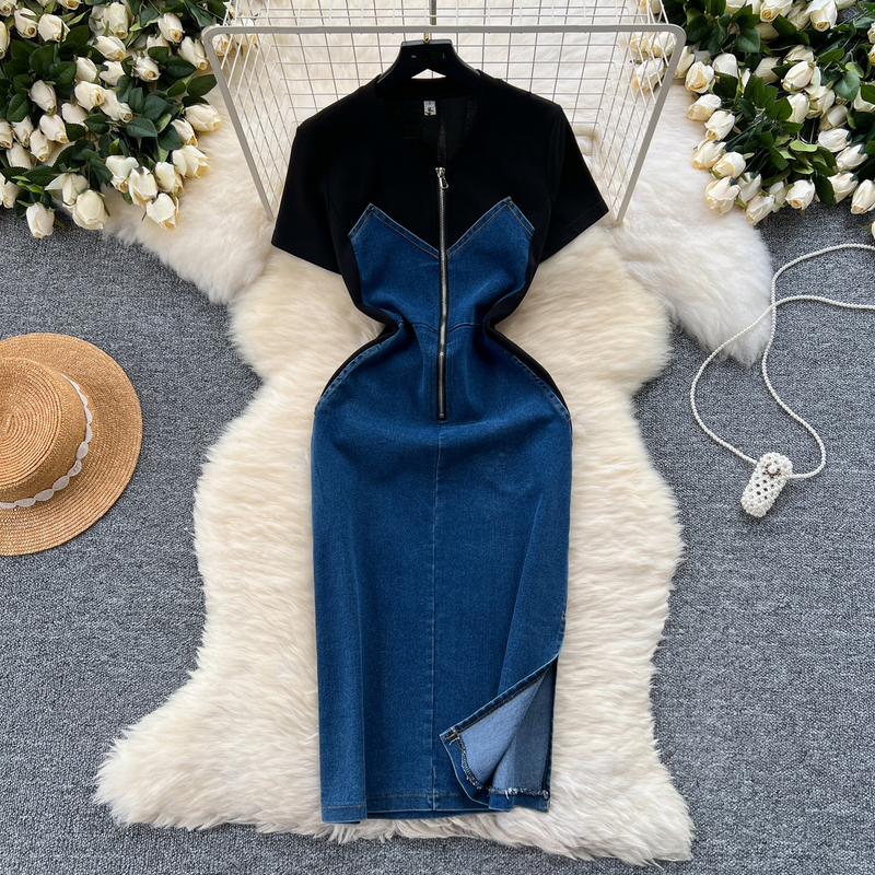 Women's Clothing In Summer Retro Elegant V Neck Zipper Contrast Color Stitching Receiving Waist Split Denim Skirt_voghion.com