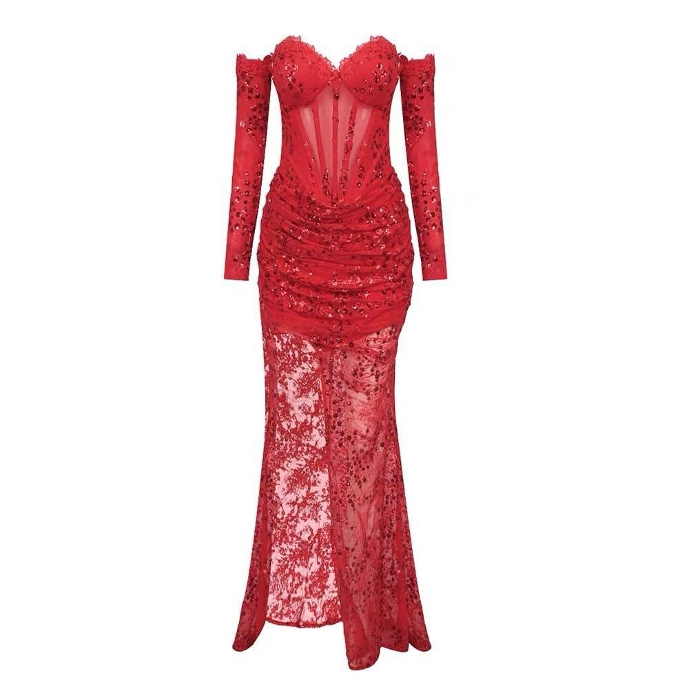 Elegant High-Waist Lace Mermaid Evening Gown With Gloves – Sexy Slit & Beaded Details For Parties & Special Occasions_voghion.com