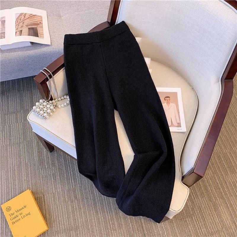 Damenbekleidung Lässiger Strickpullover Lockeres Damen-Set aus lässigem Strickpullover und weiten Hosen – Locker sitzendes Lounge-Outfit in Schwarz/Beige (M-4XL)_voghion.com