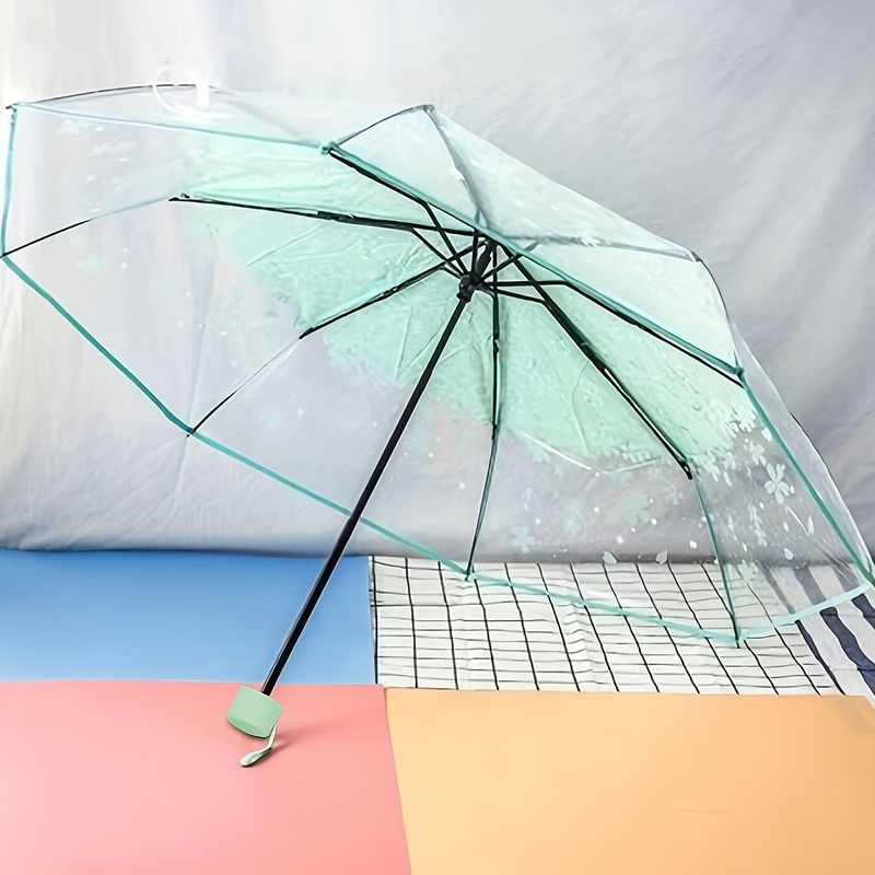 Transparent Cherry Blossom Pattern Folding Umbrella, 8 Ribs Casual Lightweight Portable Rain Gears For Men's & Women's Outdoor Activities_voghion.com