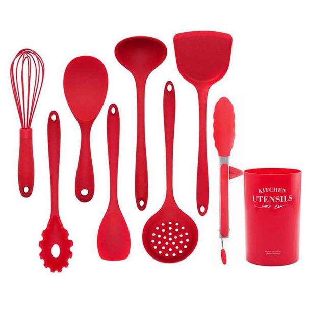 Set di 9 utensili da cucina in silicone, utensili da cucina resistenti al calore, spatola antiaderente, pala, cucchiaio da zuppa, utensili da cucina in legno_voghion.com
