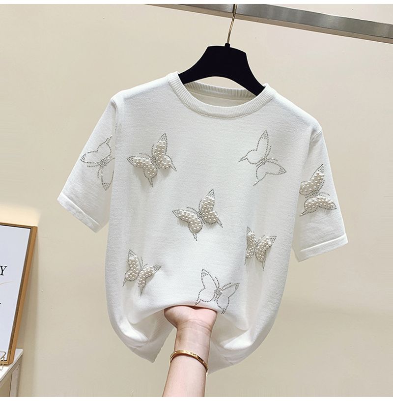 2025 Sommer neuer Rundhalsausschnitt schwere Perlen Schmetterling Kurzarm T-Shirt für Frauen weiße Eis Seide gestrickt Top Trend_voghion.com