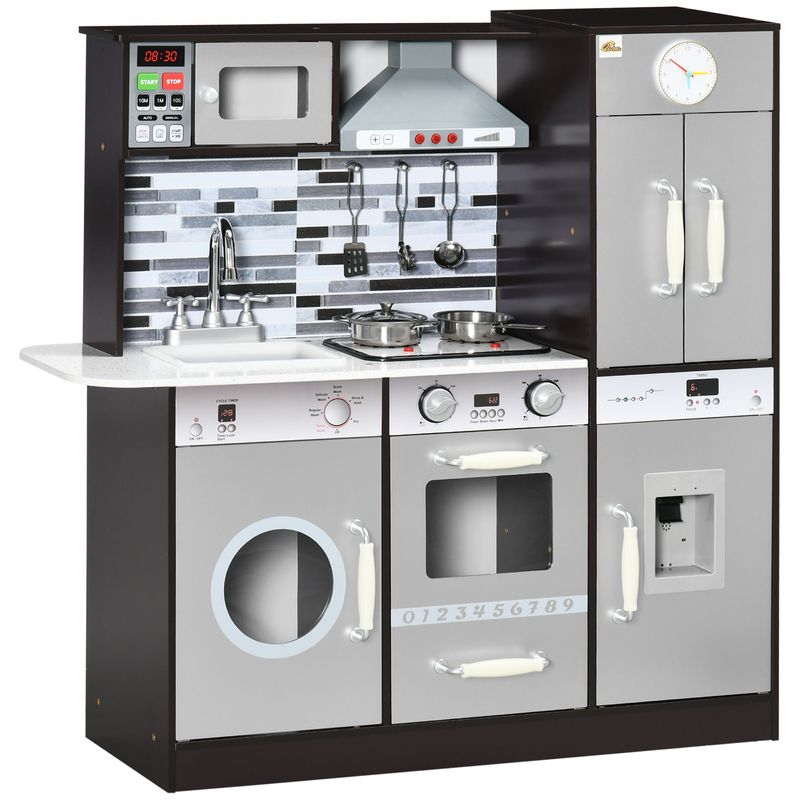 Wooden Play Kitchen With Lights Sounds, Kids Kitchen Playset With Washing Machine, Water Dispenser, Microwave, Range Hood, Refrigerator, Utensils, Gift For 3-6 Years Old_voghion.com