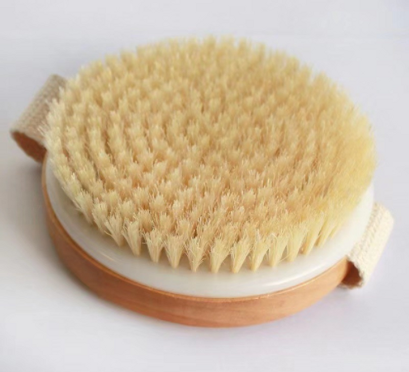 Cepillo de masaje de doble cara, cabezal en forma de bala, cepillo de baño corporal de melena de cerdo, mango de madera, cepillo de esponja vegetal, cepillo de baño de bambú y madera_voghion.com