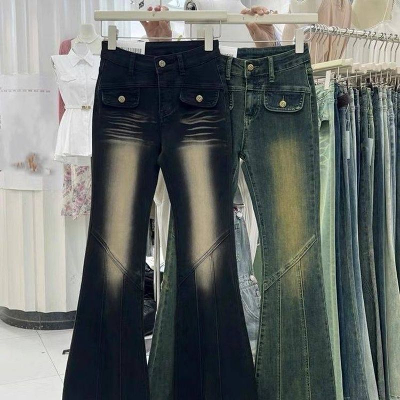 Women's Clothing Autumn Retro Sexy High Street Jeans Elastic High Waist Slim Flared Mopping Trousers For Women_voghion.com