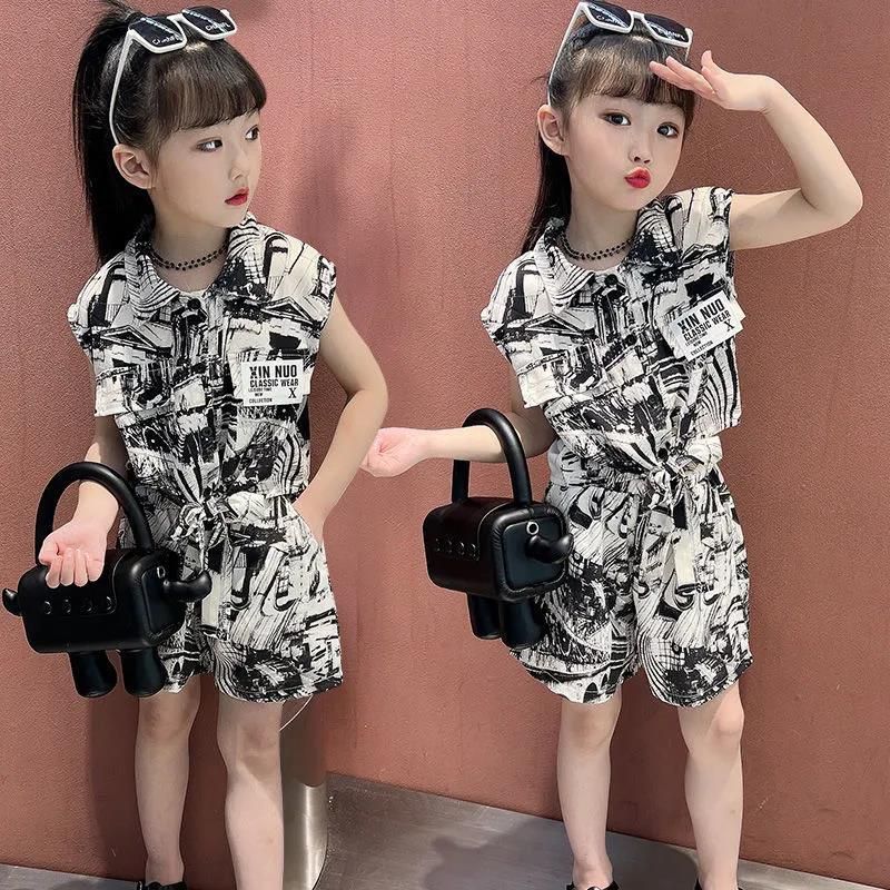 Mother & Kids Girls chiffon shorts suit 2024 Internet celebrity new summer travel flowing water fashionable ink painting two-piece suit_voghion.com