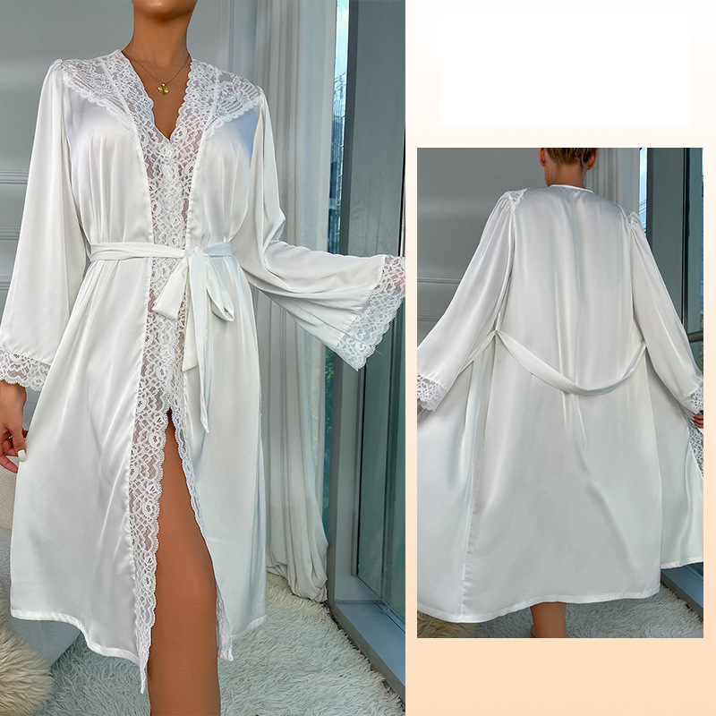Kadın Gecelik Saten pijama dantel hafif lüks uzun kollu gecelik bornoz sabahlık ev giyim kadın_voghion.com