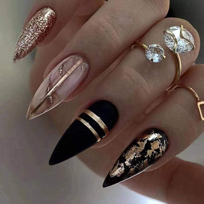 24 pieces of long almond shaped dark amber gold foil sparkling spicy girl wearing armor piece&1 rubbing strip&1 jelly gel_voghion.com