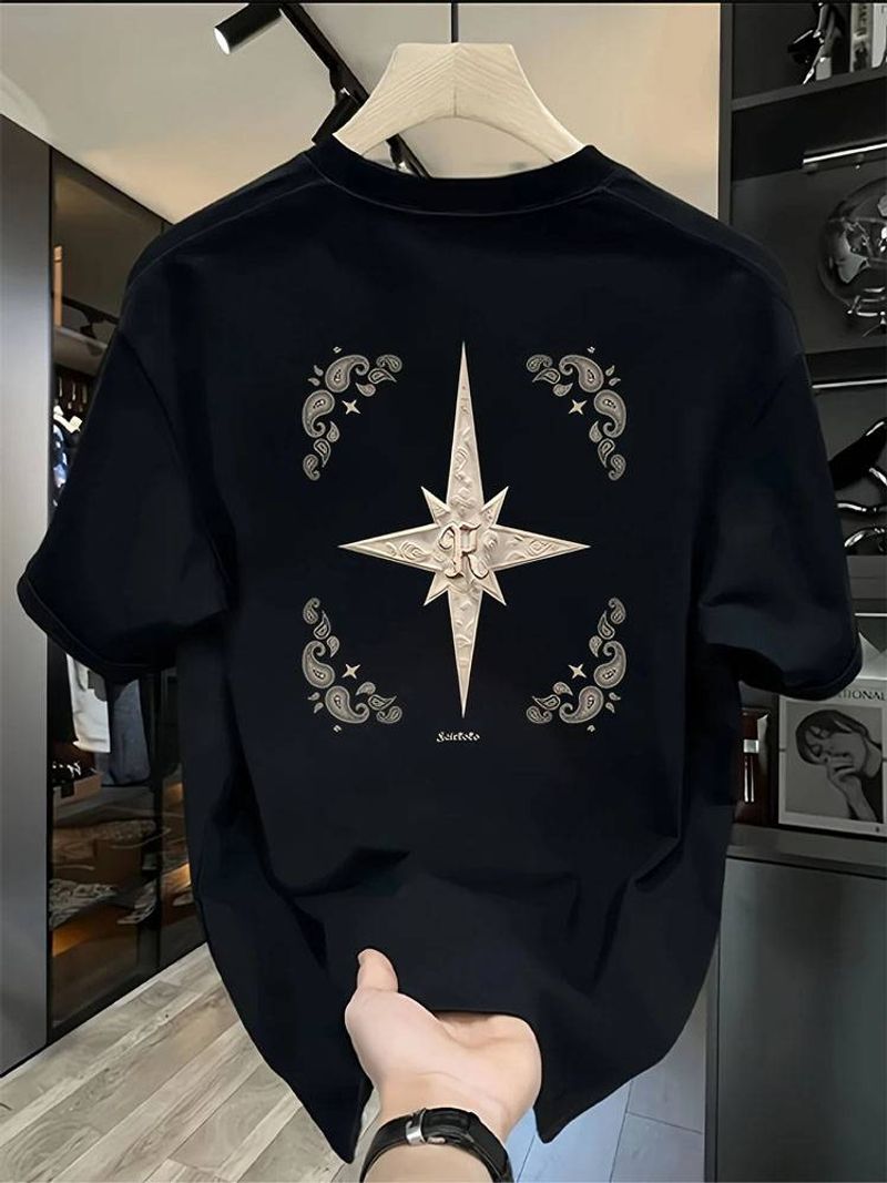 Tricou bărbătesc lejer din bumbac de 240 g - Tricou grafic de vară la modă cu busolă și imprimeu floral, top negru casual cu mânecă scurtă pentru adolescenți_voghion.com