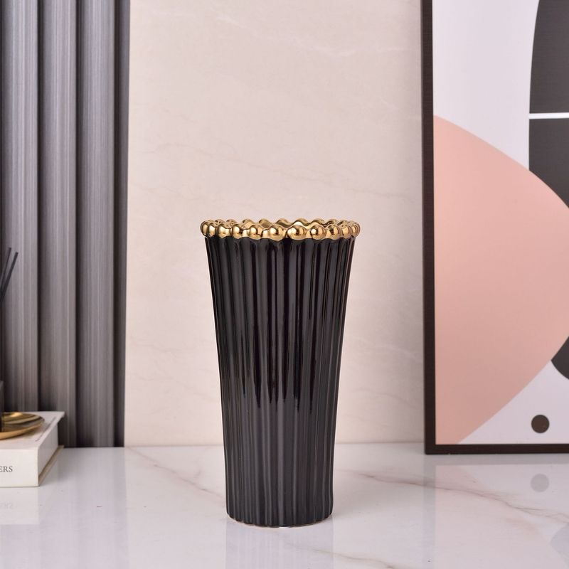 Modern Minimalist Ceramic Vase With Gold Crown Design - Elegant Black & White Home Decor For Living Room, Bedroom, Office_voghion.com