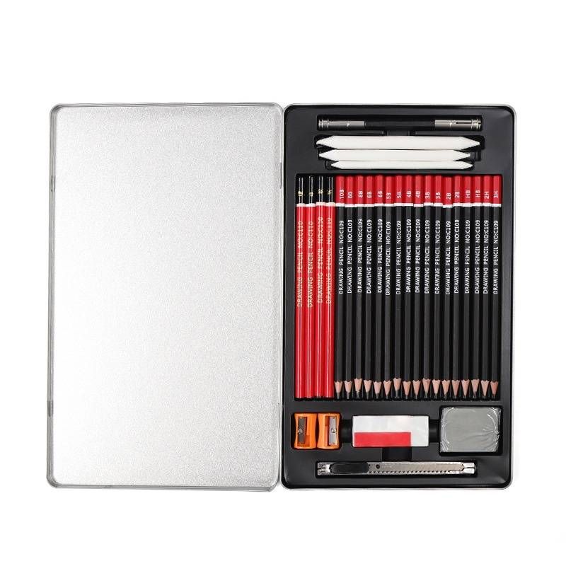 ​30-Piece Sketching Set With HB & 2B Pencils, Charcoal Pencils, And Metal Case – Perfect For Artists & Students​_voghion.com