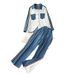 Damenbekleidung, Freizeitkleidung, schmaler zweiteiliger Anzug für Damen, modisches Revers, langärmeliges Patchwork-Oberteil, Hose mit weitem Bein, Jeansanzug_voghion.com