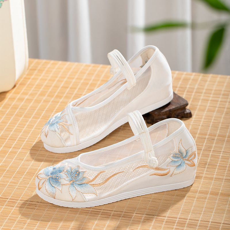 Women’s Shoes Summer New Ethnic Style Breathable Mesh Embroidered Shoes Flat Bottomed Height Enhancing National Style Elegant Ancient Style_voghion.com