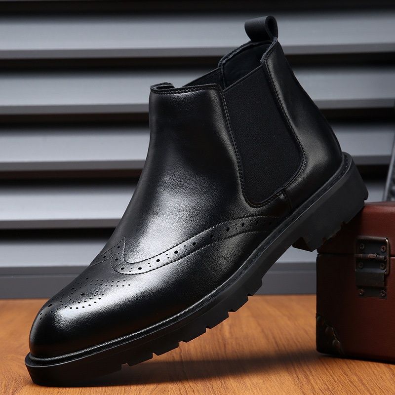 Glide British Style Ankle Men's Slip-On Martin Fleece-Lined Versatile Brogue Carved Business High-Top Leather Boots_voghion.com