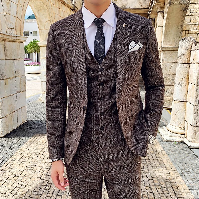  Men's Three-piece Suit Korean Style British Slim Plaid Wedding Casual Three-piece Suit_voghion.com