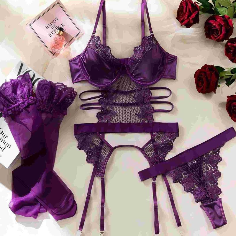 3-Piece Semi-Transparent Mesh Silk Contrast Lace Strap Sexy Lingerie Set, Baby Pants With Adjustable Straps And_voghion.com