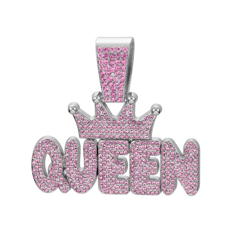 Diamant Pink Crown QUEEN Brief Anhänger Rhombus Cuban Halskette Langer Hip-Hop Damenschmuck_voghion.com