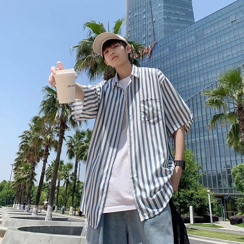 2024 New Summer Short sleeved Striped Shirt for Men's Korean Style Trendy Large casual shirt for men's thin top_voghion.com