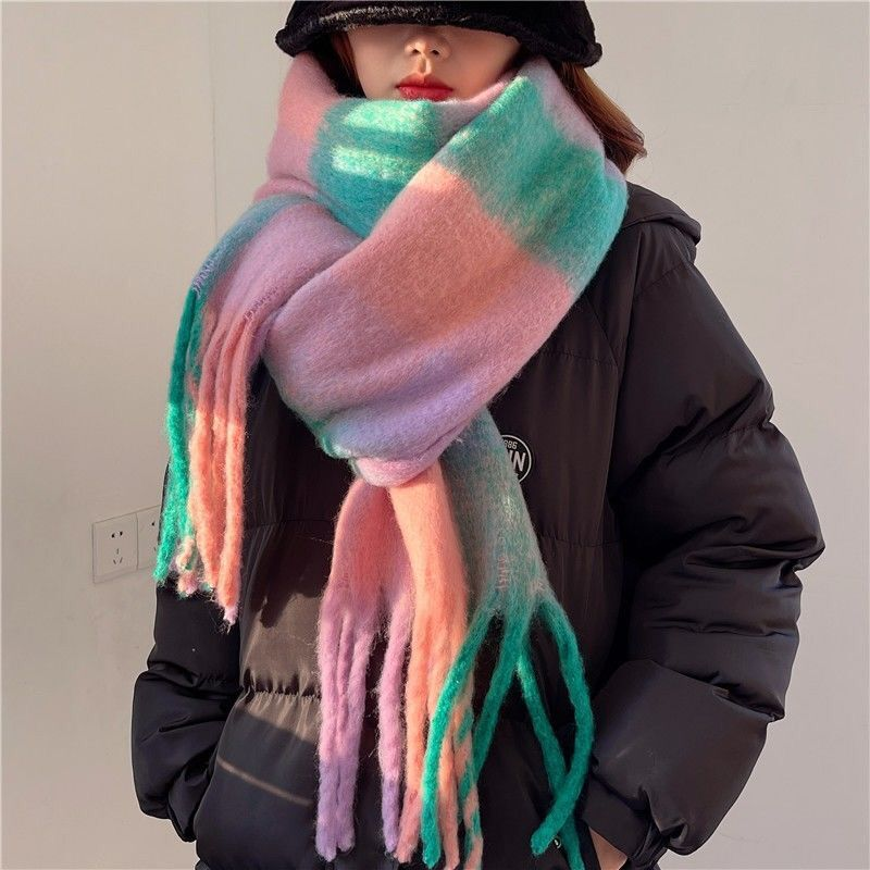 Sciarpa con frange scozzesi per W Scialle in mohair di cashmere imitazione color arcobaleno autunno e inverno con collo ispessito per_voghion.com