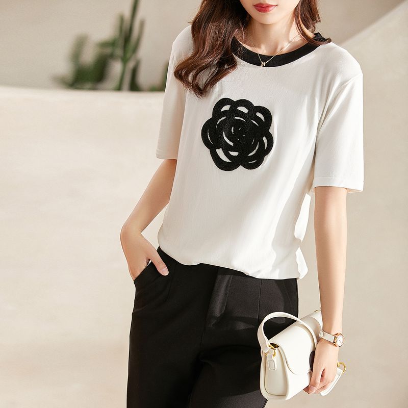 Maglione per abbigliamento da donna, estate, nuovo stile, camelia, asciugamano tridimensionale, top ricamato, maglietta a maniche corte_voghion.com