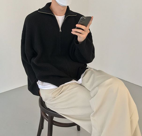 Men's Clothing Cardigan Sweater Jacket Men's Solid Color Sweater Trendy Design Sense Casual Collar Zipper Top_voghion.com