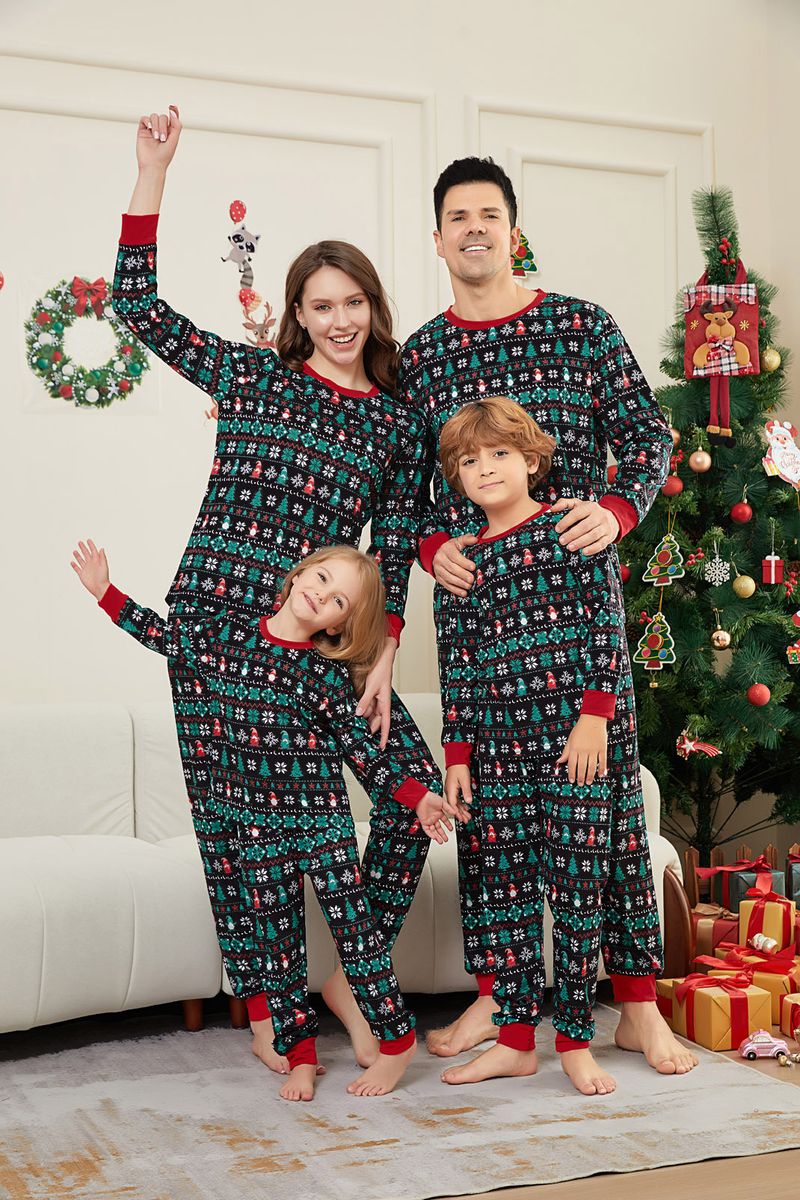 Christmas tree stripes full of flowers Christmas family clothing printed home clothes pajamas_voghion.com