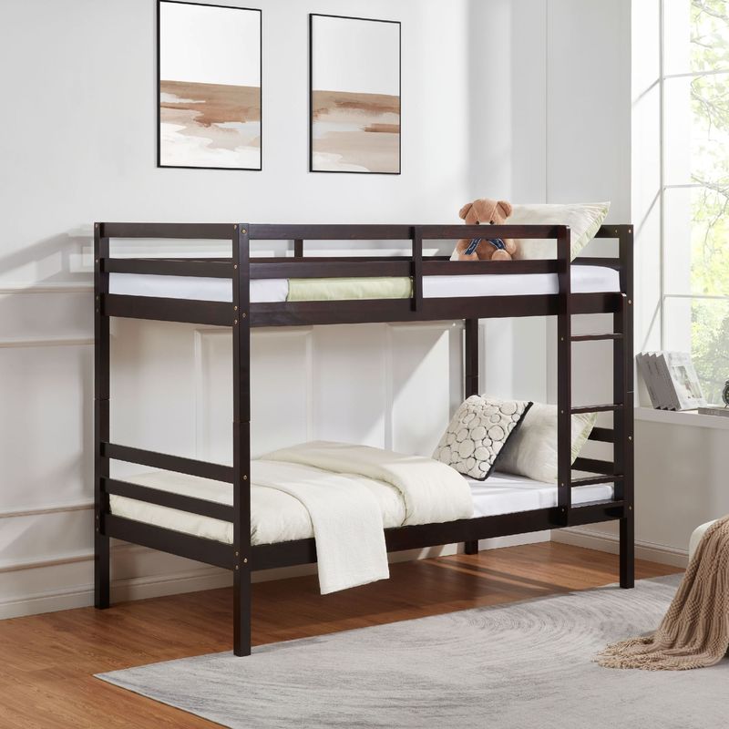 Twin Over Twin Bunk Bed With Ladder,Wooden Bunk Bed With High Guardrail And Ladder For Kids, Teens, Dorm Rooms, And Guest Rooms,No Box Spring Needed,Espresso_voghion.com