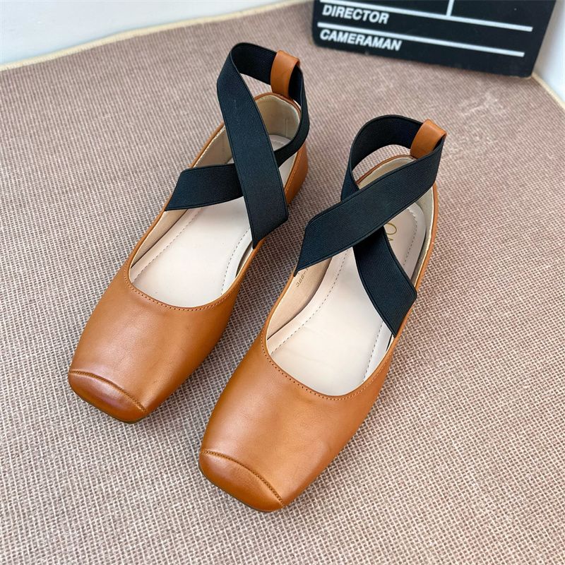 Stylish French Elastic Cross Strap Tight Mary Jane Shoes Hepburn Style Low-Cut Square Toe Ballerina Flats_voghion.com