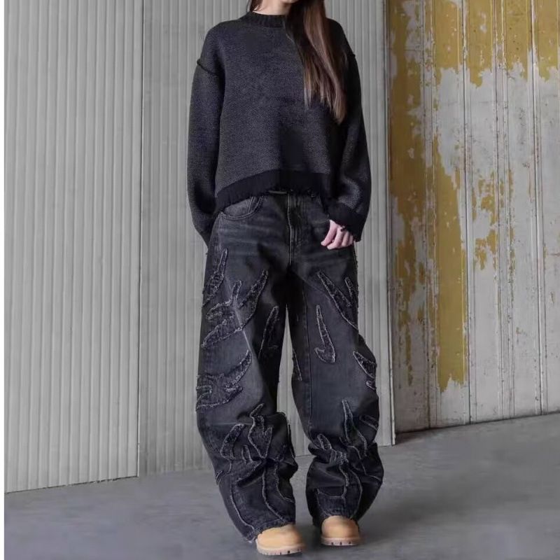 Abbigliamento maschile Retro modello pipistrello ricamo jeans larghi pantaloni da uomo moda di strada jeans larghi_voghion.com