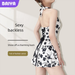 Traje de baño de una pieza de alta gama Pure Desire INS Style Poppy con tirantes y cintura alta para vacaciones en aguas termales._voghion.com