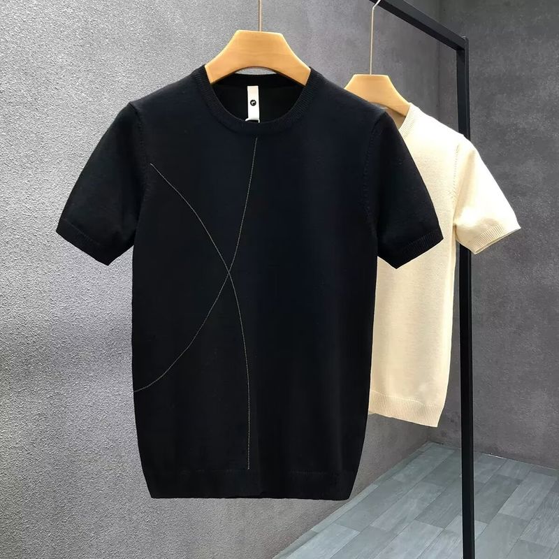 Men's Clothing Simple solid color short sleeved sweater men's spring and autumn inner short sleeved T shirt 2024 new men's slim half sleeved sweater_voghion.com